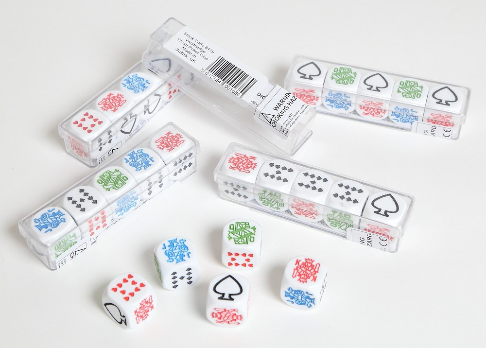 Pack of 5 poker dice in plastic case 17mm