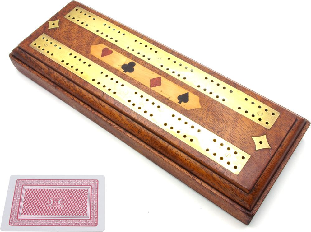 Inlaid oak and brass cribbage board
