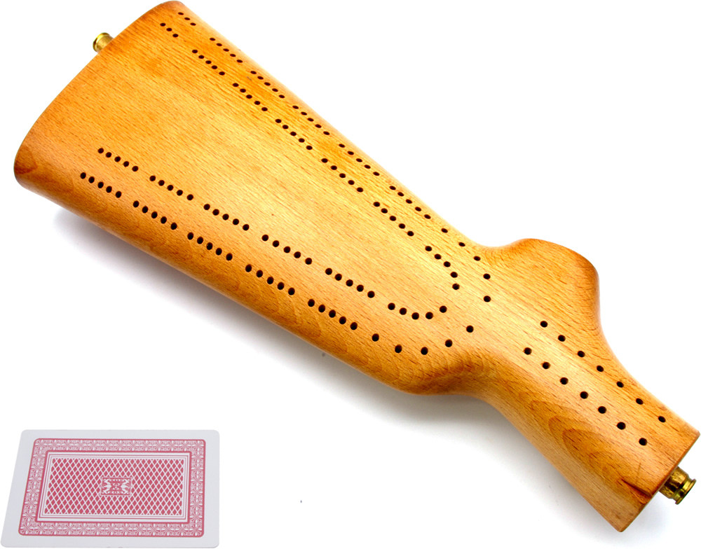 Rifle-butt cribbage board.