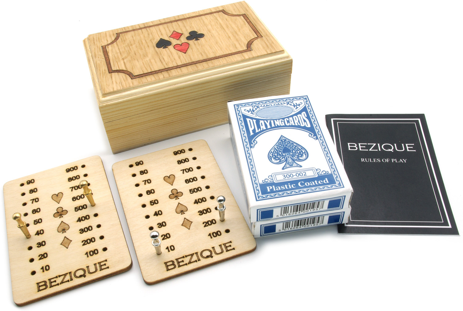 Bezique set in inlaid wooden box
