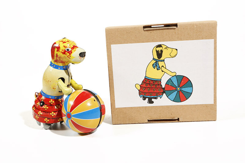 Circus dog with Ball clockwork tin toy