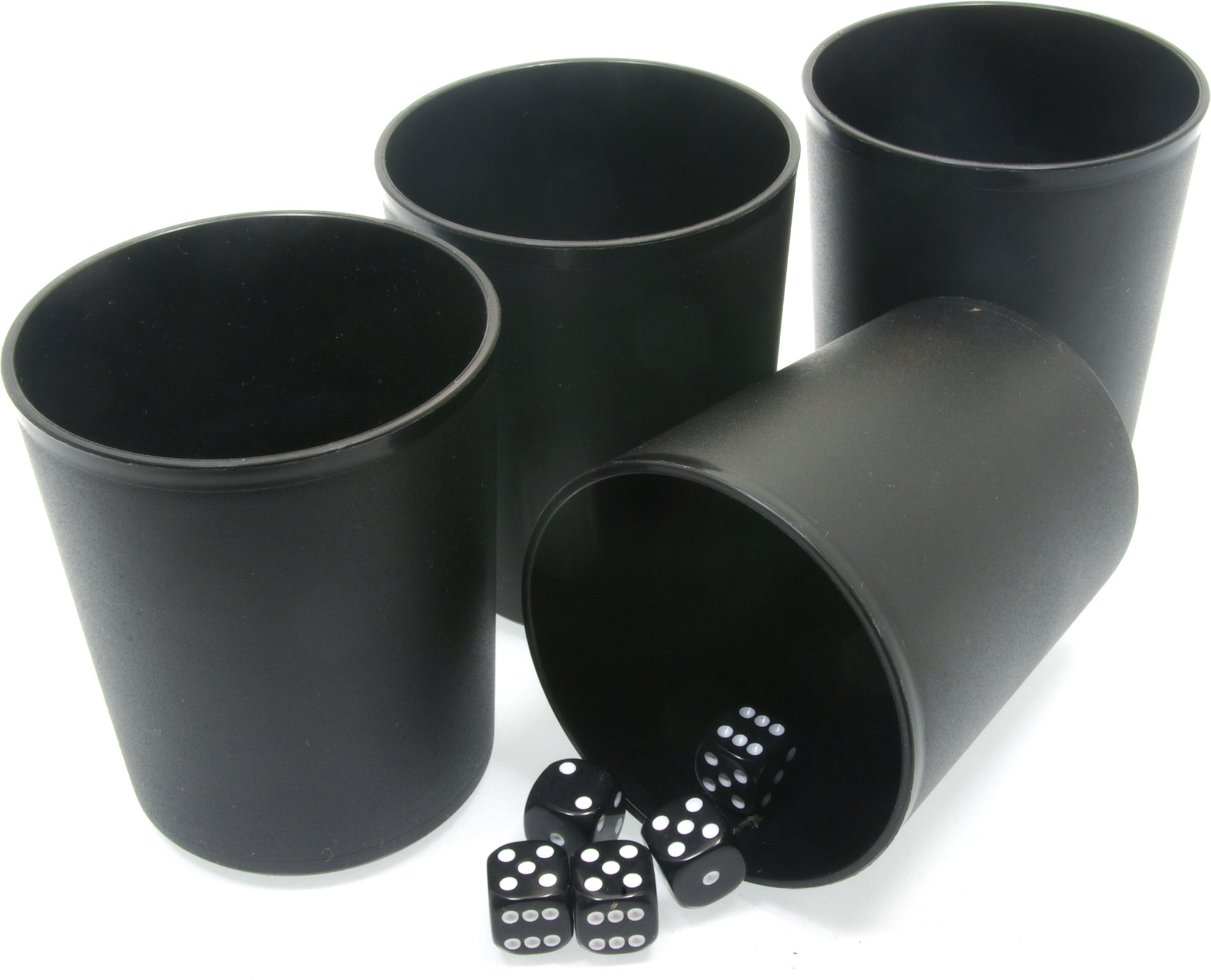 4 X black plastic dice cups with 5 dice