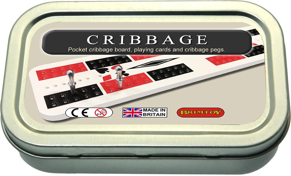 Travel / pocket cribbage board in tin with playing cards and pegs