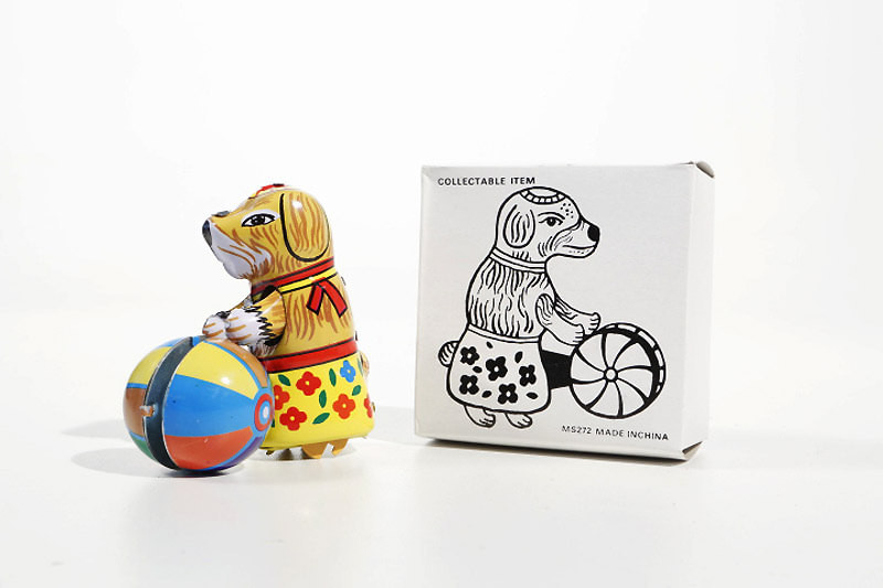 Small dog with Ball clockwork tin toy