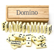 Double 6 dominoes in wooden box