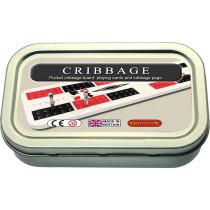Travel / pocket cribbage board in tin with playing cards and pegs